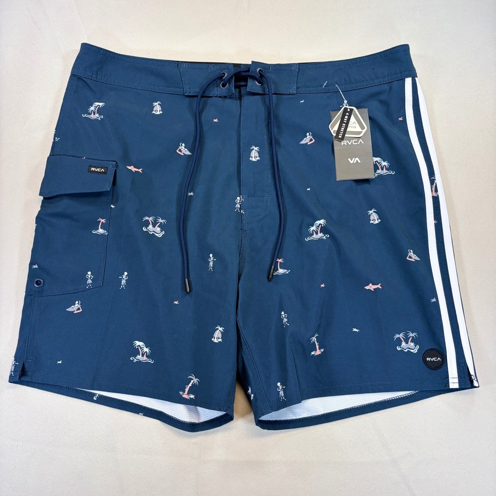 RVCA Restless Trunk Men 36 Blue 7"‎ Hawaiian Skeletons Board Shorts Swim Beach